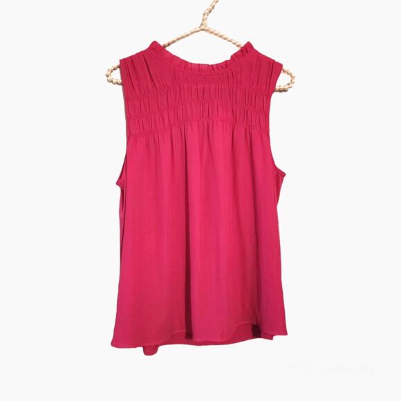 NWT $60 Ann Taylor Sz M Hot Pink Smocked Neck Career Sleeveless Satin Feel Top - Picture 2 of 7